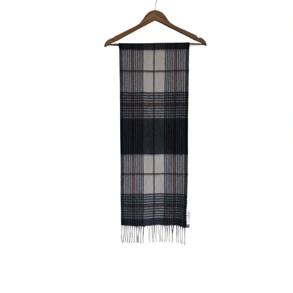 NWT Nordstrom 100% Cashmere Men's Beige, Cream Gray Plaid Fringe Scarf